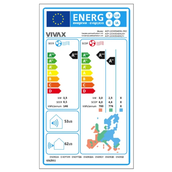 SEER SCOP energetický štítok - klimatizácia VIVAX ACP-12CH35AEHI silver 3,5kW
