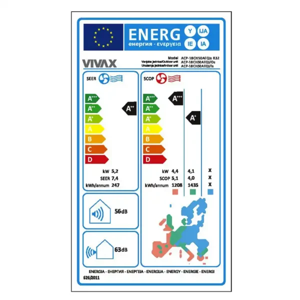 SEER SCOP energetický štítok VIVAX ACP-18CH50AEQIs nastenná klimatizácia do bytu domu a firmy