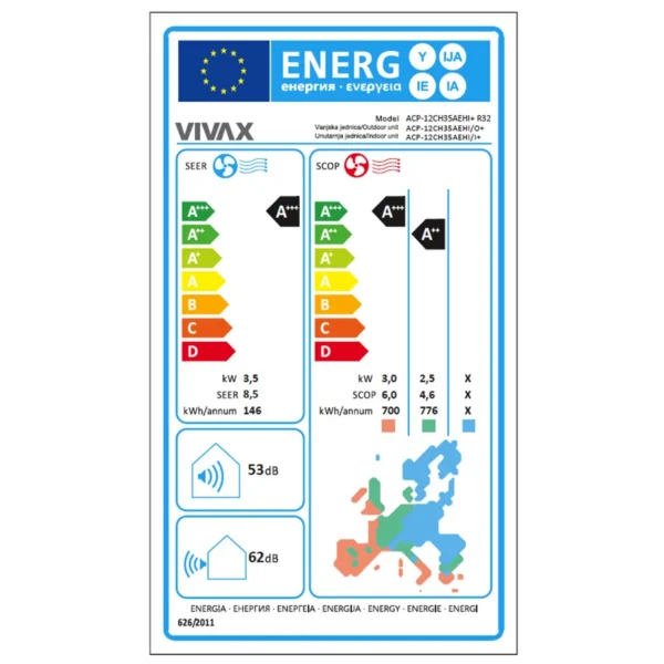 SEER SCOP energetický štítok - klimatizácia VIVAX ACP-12CH35AEHI GRAY MIRROR 3,5kW