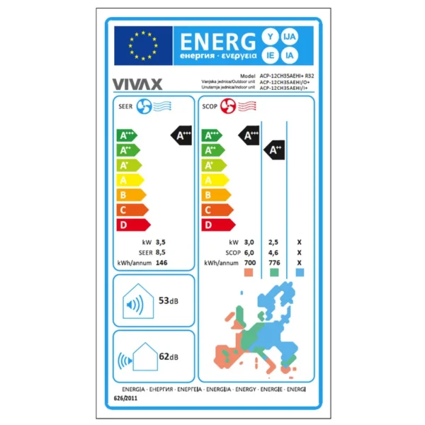 SEER SCOP energetický štítok 3,5kW klimatizácia vivax ACP-12CH35AEHI white